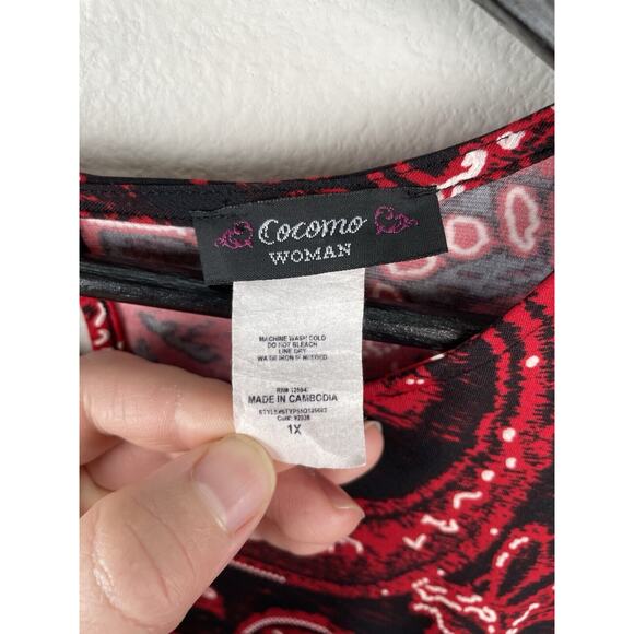 Cocomo Top Womens Size 1X Red 3/4 Sleeve Artsy Textured Stretch Ruched Career - Picture 2 of 9
